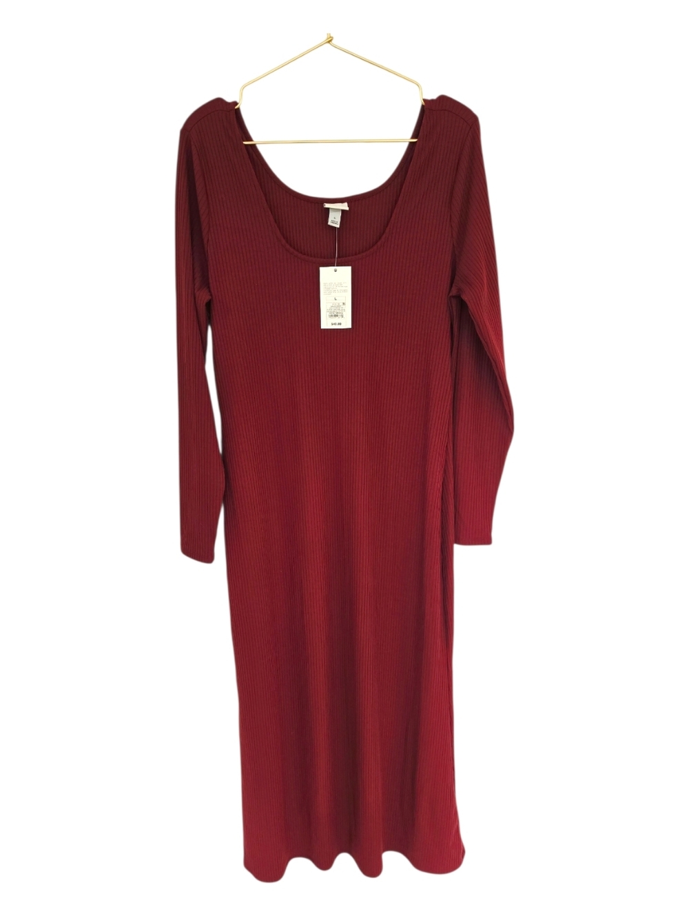 A New Day Dark Red Ribbed Stretch Maxi Dress Long Sleeves Large NWT